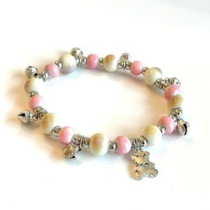 Pink and Cream Beaded Bracelet with Silver Accents